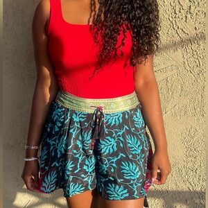 Beautiful Leaf Print Shorts with drawstrings at waist and sides